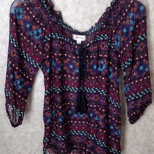 Olsenboye Boho Print Tassels Top, M